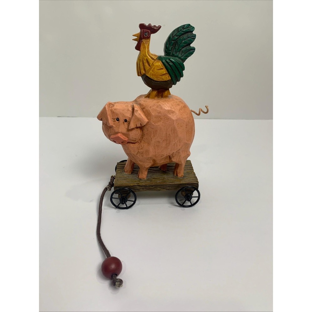 Vintage David Frykman The Barnyard Rooster Riding On Pig on Wagon Figurine